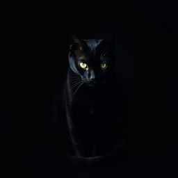 A sleek black cat with glossy fur sitting gracefully against a dark background, its bright green eyes shining in contrast to its dark body