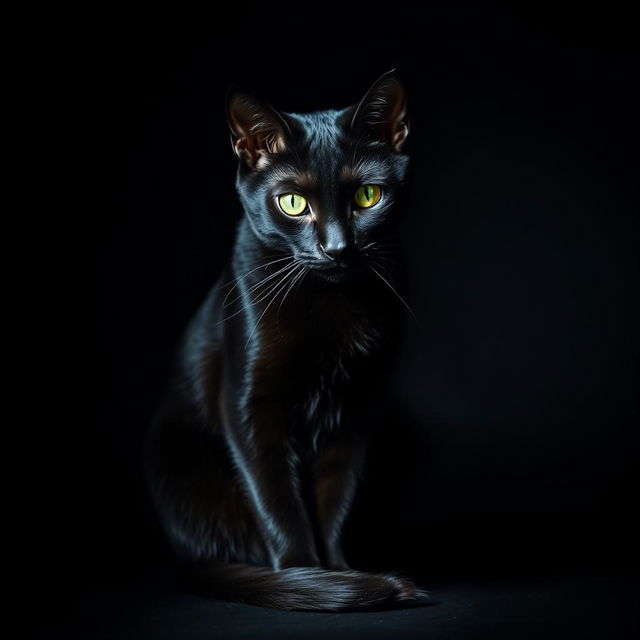 A sleek black cat with glossy fur sitting gracefully against a dark background, its bright green eyes shining in contrast to its dark body