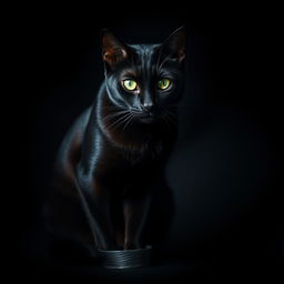 A sleek black cat with glossy fur sitting gracefully against a dark background, its bright green eyes shining in contrast to its dark body