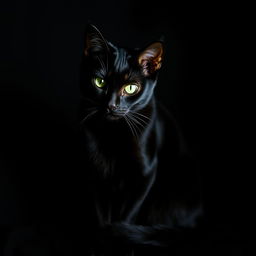 A sleek black cat with glossy fur sitting gracefully against a dark background, its bright green eyes shining in contrast to its dark body