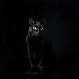 A sleek black cat sitting gracefully against a dark, moody background