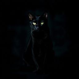 A sleek black cat sitting gracefully against a dark, moody background