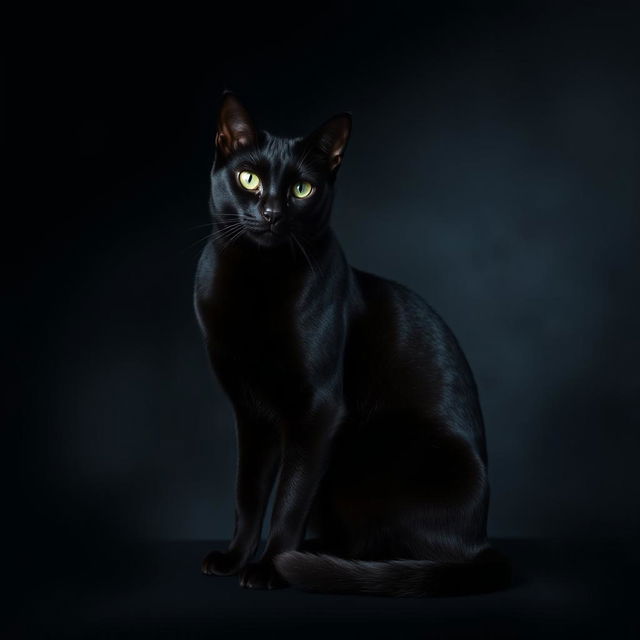 A sleek black cat sitting gracefully against a dark, moody background