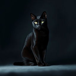 A sleek black cat sitting gracefully against a dark, moody background