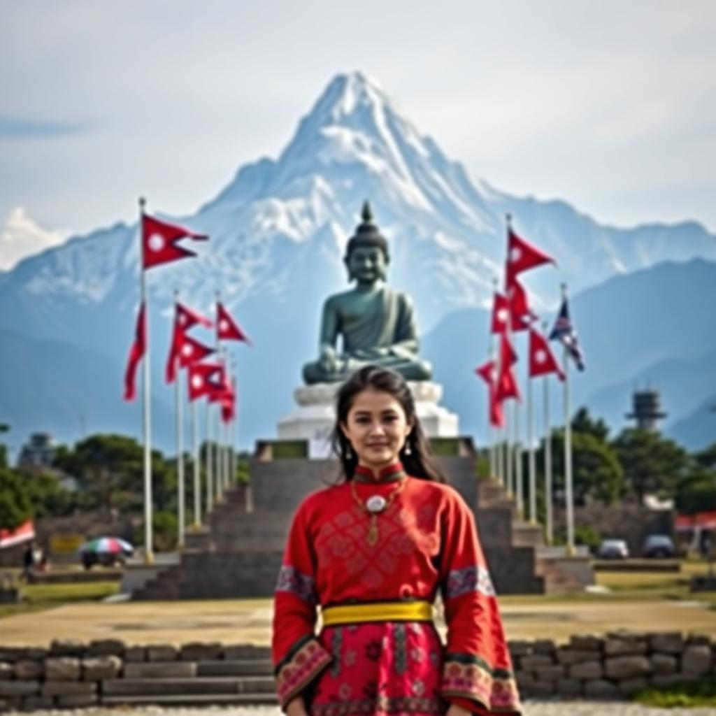 A stunning scene set in Nepal showcasing a majestic mountain range in the background, with a striking statue of Gautam Buddha prominently displayed in the foreground