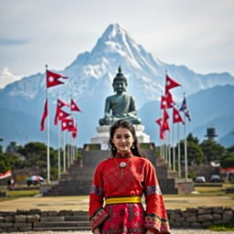 A stunning scene set in Nepal showcasing a majestic mountain range in the background, with a striking statue of Gautam Buddha prominently displayed in the foreground