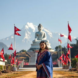 A stunning scene set in Nepal showcasing a majestic mountain range in the background, with a striking statue of Gautam Buddha prominently displayed in the foreground