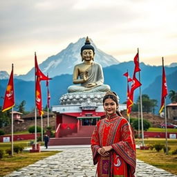 A stunning scene set in Nepal showcasing a majestic mountain range in the background, with a striking statue of Gautam Buddha prominently displayed in the foreground