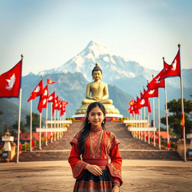 A stunning scene set in Nepal showcasing a majestic mountain range in the background, with a striking statue of Gautam Buddha prominently displayed in the foreground