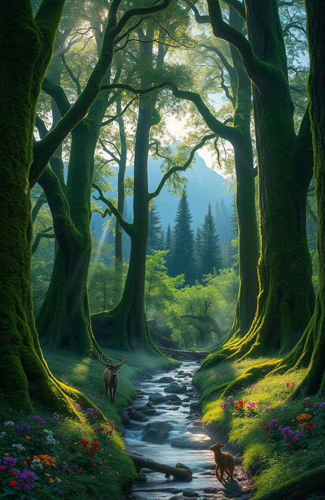 A mystical forest known as the Whispering Woods, filled with towering ancient trees covered in vibrant green moss and illuminated by soft, dappled sunlight filtering through the leaves