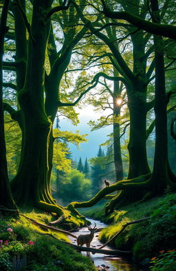 A mystical forest known as the Whispering Woods, filled with towering ancient trees covered in vibrant green moss and illuminated by soft, dappled sunlight filtering through the leaves