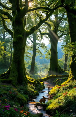 A mystical forest known as the Whispering Woods, filled with towering ancient trees covered in vibrant green moss and illuminated by soft, dappled sunlight filtering through the leaves