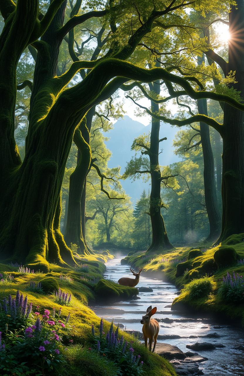 A mystical forest known as the Whispering Woods, filled with towering ancient trees covered in vibrant green moss and illuminated by soft, dappled sunlight filtering through the leaves