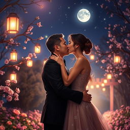 A romantic scene of a couple sharing a passionate kiss under a starry night sky