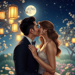 A romantic scene of a couple sharing a passionate kiss under a starry night sky