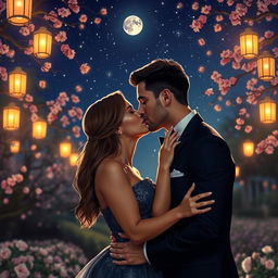 A romantic scene of a couple sharing a passionate kiss under a starry night sky