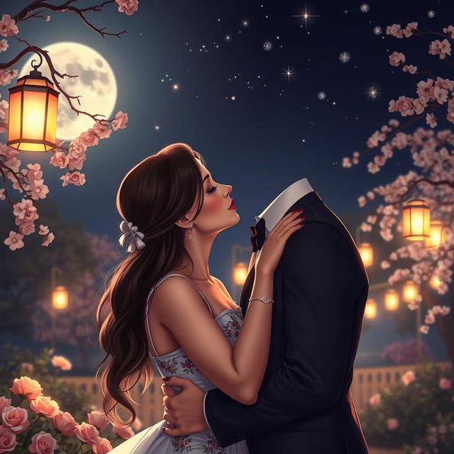 A romantic scene of a couple sharing a passionate kiss under a starry night sky