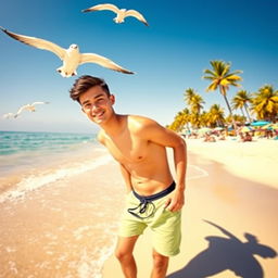 A sunny beach scene featuring a young man standing on the sandy shore