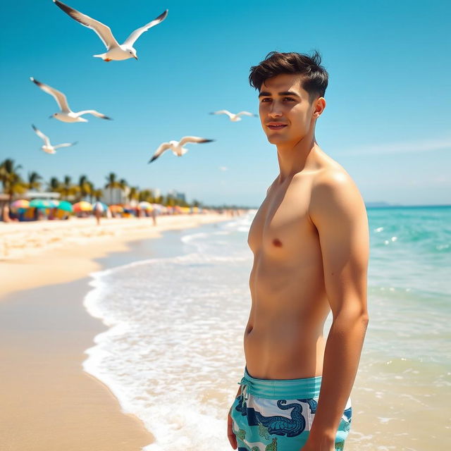 A sunny beach scene featuring a young man standing on the sandy shore