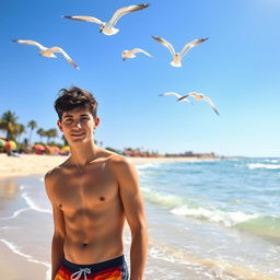 A sunny beach scene featuring a young man standing on the sandy shore