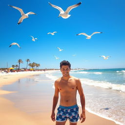 A sunny beach scene featuring a young man standing on the sandy shore