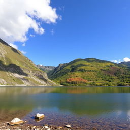 A picturesque landscape featuring majestic mountains with one side covered in lush, vibrant greenery