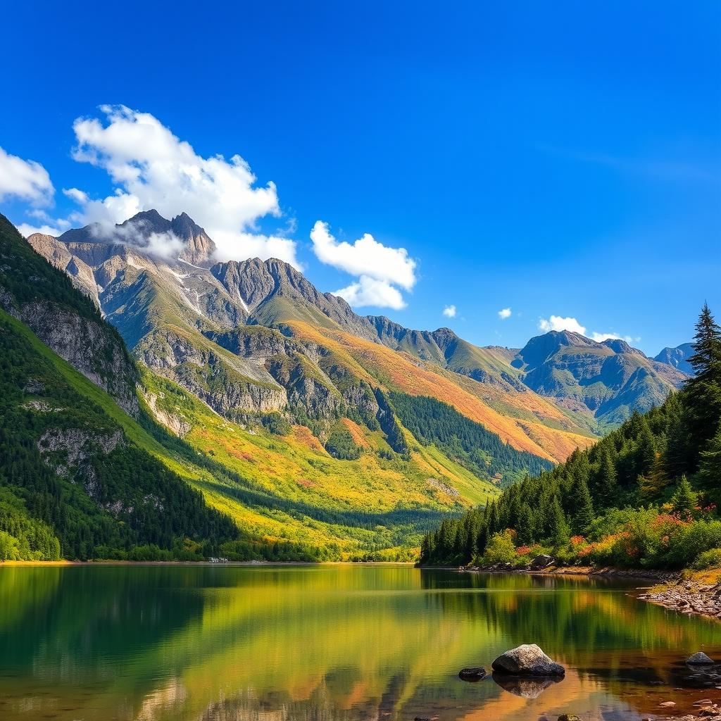 A picturesque landscape featuring majestic mountains with one side covered in lush, vibrant greenery