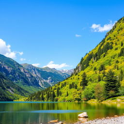 A picturesque landscape featuring majestic mountains with one side covered in lush, vibrant greenery