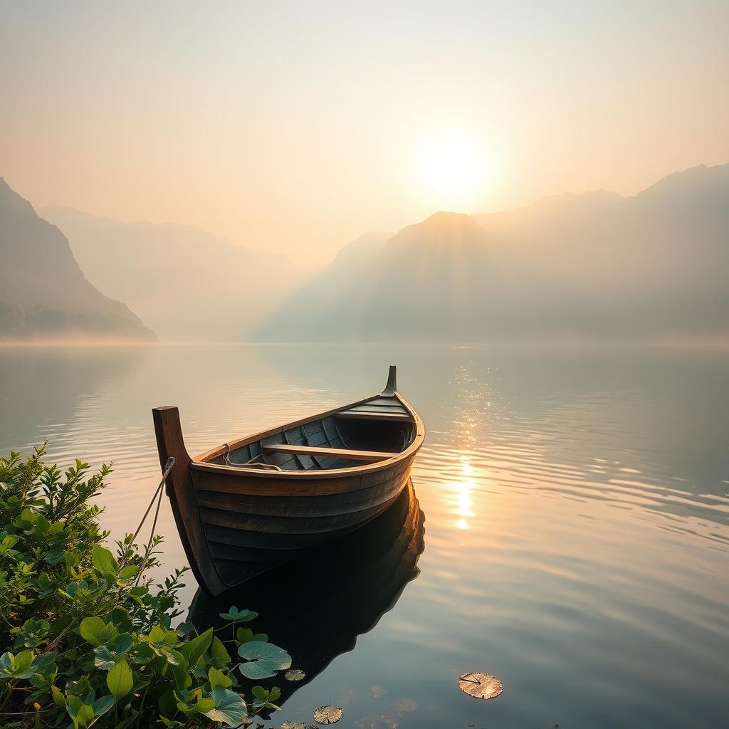 A beautiful wooden boat gently floating on a serene lake, surrounded by misty mountains in the background