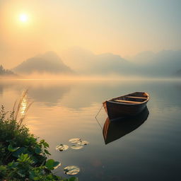 A beautiful wooden boat gently floating on a serene lake, surrounded by misty mountains in the background