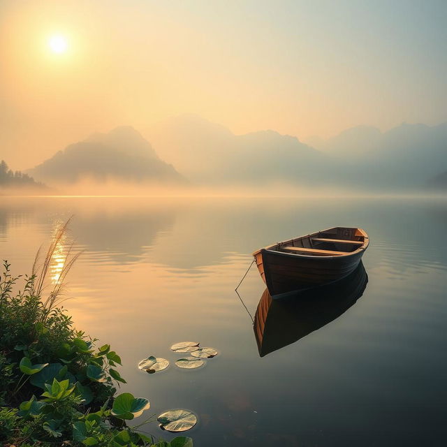 A beautiful wooden boat gently floating on a serene lake, surrounded by misty mountains in the background