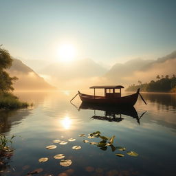 A beautiful wooden boat gently floating on a serene lake, surrounded by misty mountains in the background