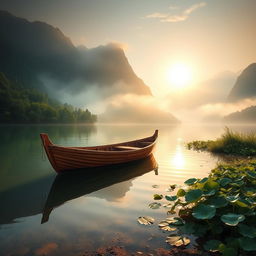 A beautiful wooden boat gently floating on a serene lake, surrounded by misty mountains in the background