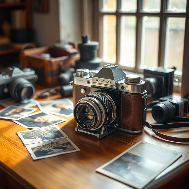 A vintage camera placed on a wooden table surrounded by old photographs and camera accessories, soft natural light filtering through a nearby window, an inviting warm atmosphere, hint of nostalgia