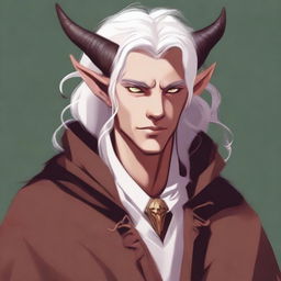 This digital art image vividly portrays a young tiefling with fluffy, medium-length white hair styled half up, half down with curtain bangs