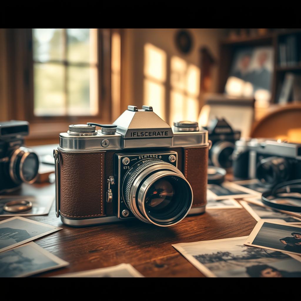 A vintage camera placed on a wooden table surrounded by old photographs and camera accessories, soft natural light filtering through a nearby window, an inviting warm atmosphere, hint of nostalgia