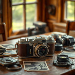 A vintage camera placed on a wooden table surrounded by old photographs and camera accessories, soft natural light filtering through a nearby window, an inviting warm atmosphere, hint of nostalgia