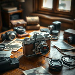 A vintage camera placed on a wooden table surrounded by old photographs and camera accessories, soft natural light filtering through a nearby window, an inviting warm atmosphere, hint of nostalgia
