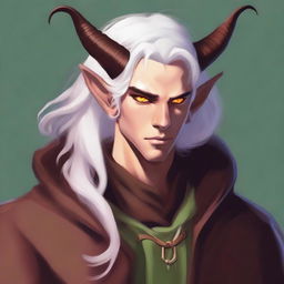 This digital art image vividly portrays a young tiefling with fluffy, medium-length white hair styled half up, half down with curtain bangs