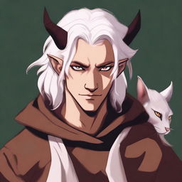 This digital art image vividly portrays a young tiefling with fluffy, medium-length white hair styled half up, half down with curtain bangs