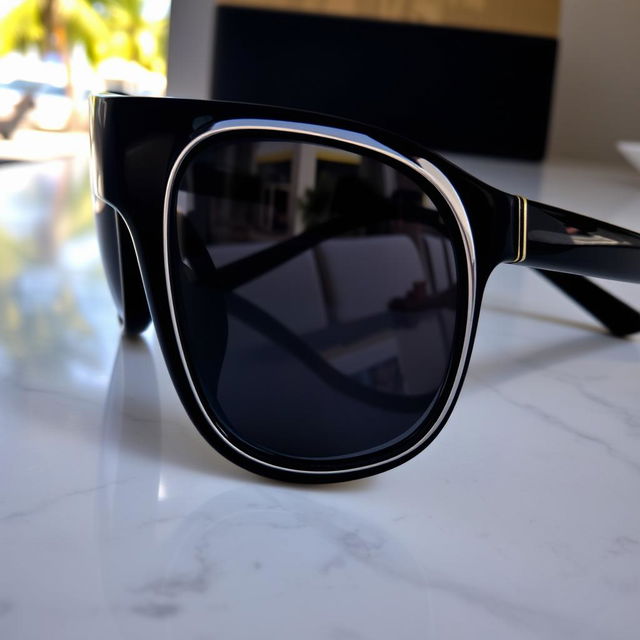 A stylish pair of sunglasses resting on a sleek marble surface