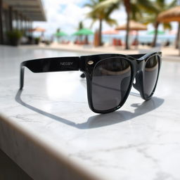 A stylish pair of sunglasses resting on a sleek marble surface