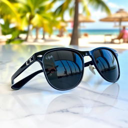 A stylish pair of sunglasses resting on a sleek marble surface