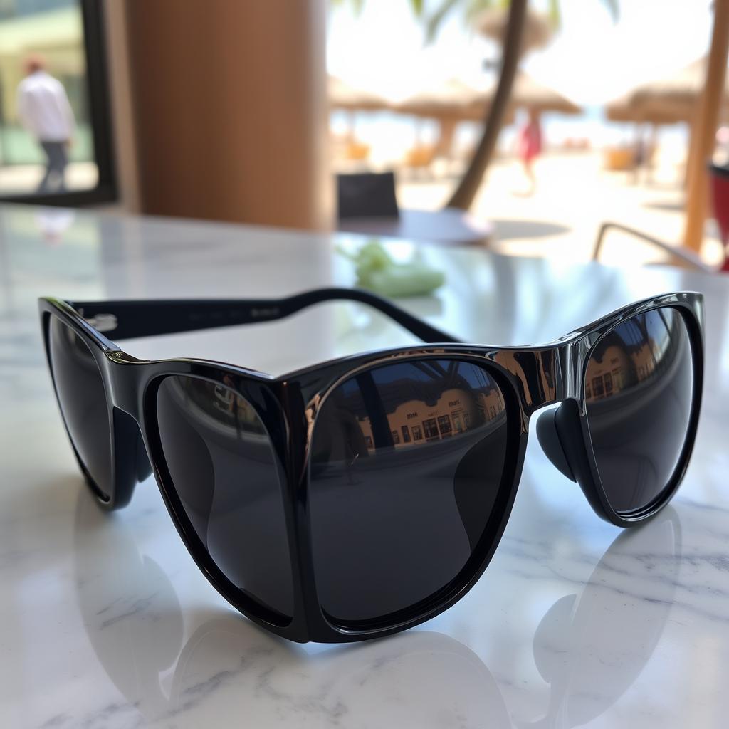 A stylish pair of sunglasses resting on a sleek marble surface