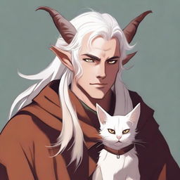 This digital art image vividly portrays a young tiefling with fluffy, medium-length white hair styled half up, half down with curtain bangs