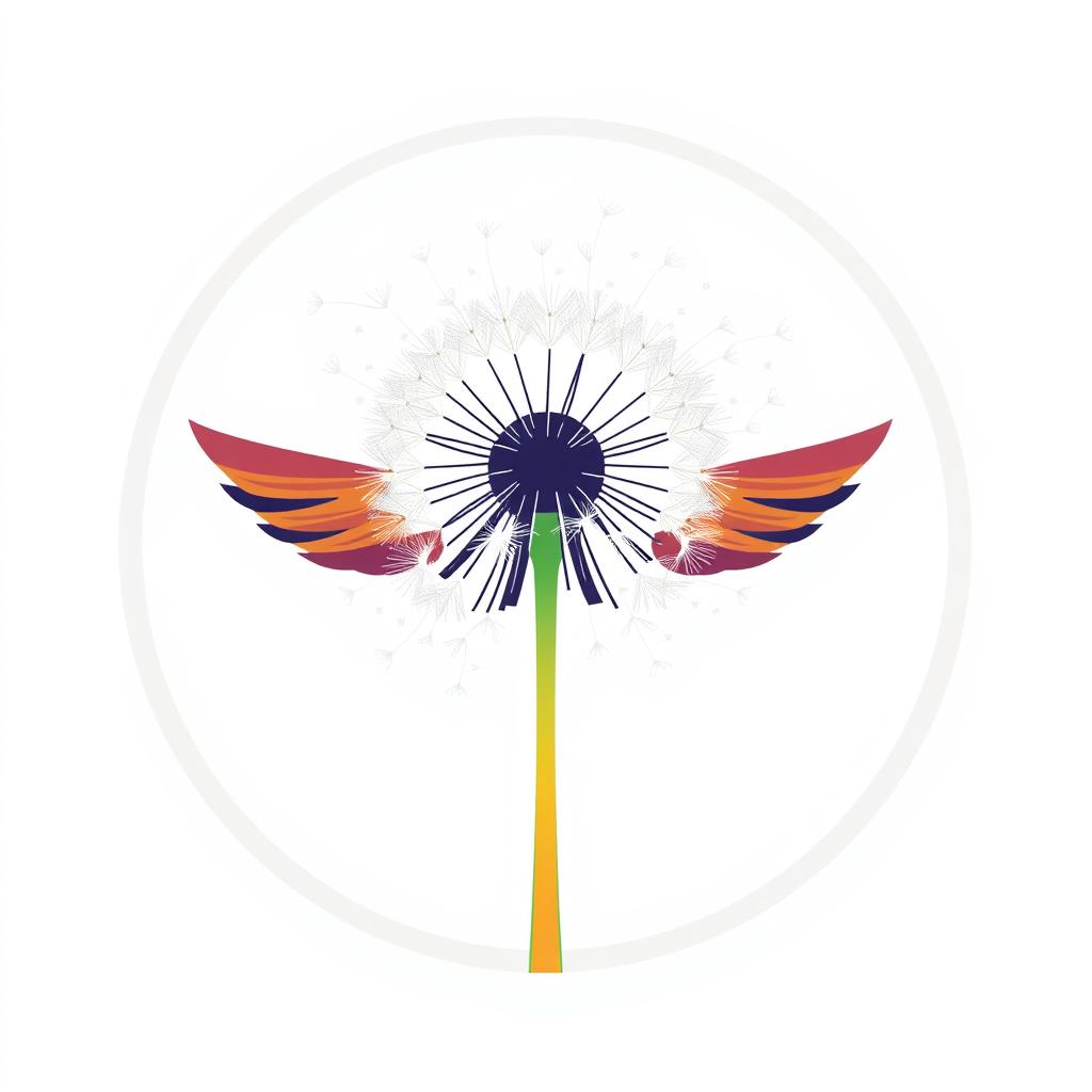 A central design featuring a dandelion with its flower head represented as gradually dispersing, symbolizing the spreading and inheritance of dreams