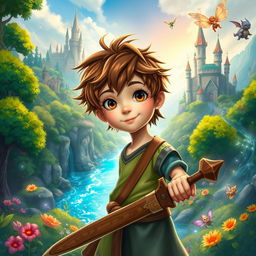 A young boy in a vibrant fantasy world, surrounded by lush green forests, sparkling rivers, and fantastical creatures