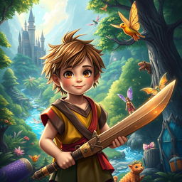 A young boy in a vibrant fantasy world, surrounded by lush green forests, sparkling rivers, and fantastical creatures