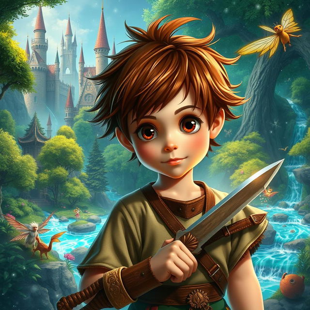 A young boy in a vibrant fantasy world, surrounded by lush green forests, sparkling rivers, and fantastical creatures