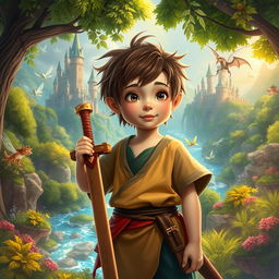 A young boy in a vibrant fantasy world, surrounded by lush green forests, sparkling rivers, and fantastical creatures